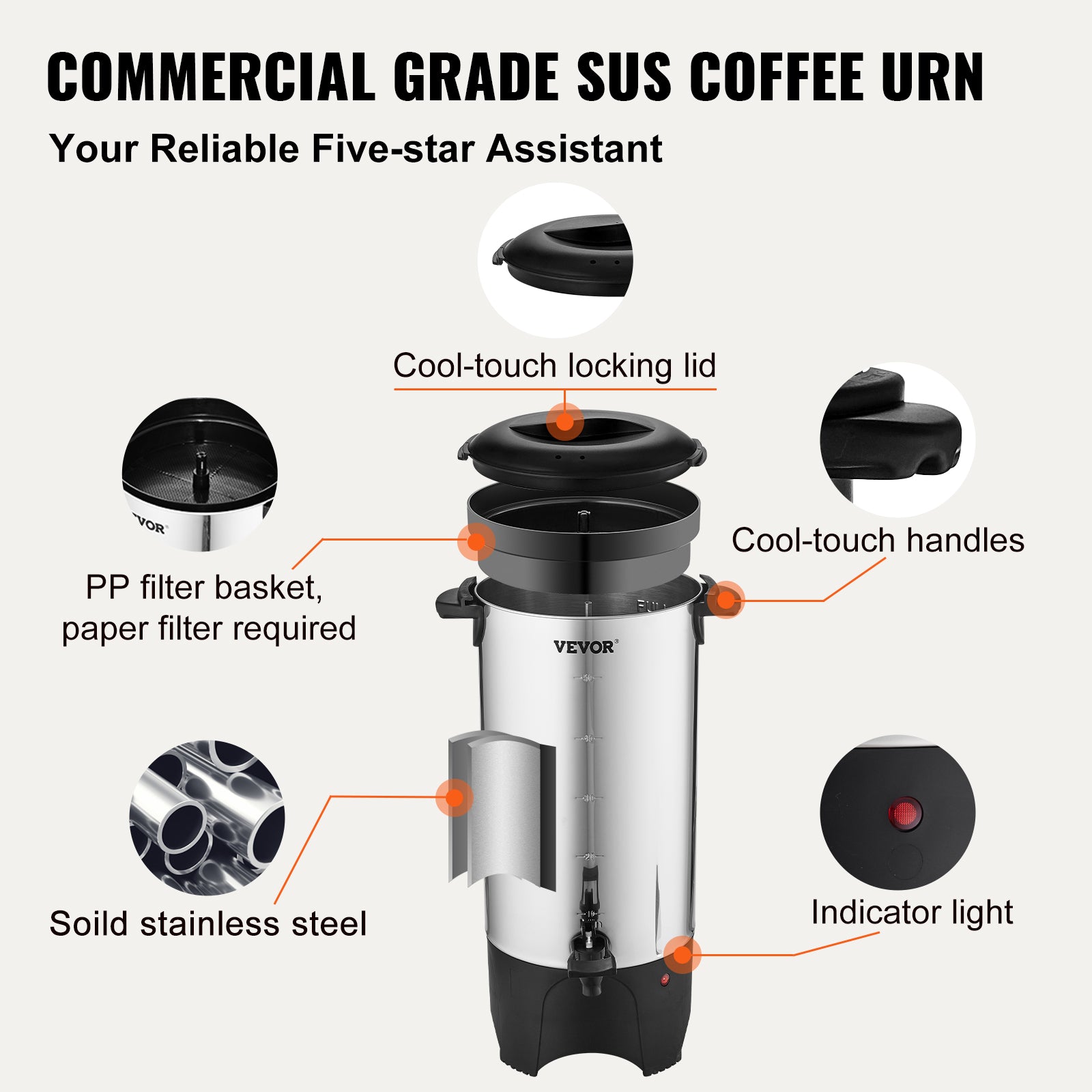 VEVOR 50-Cup Stainless Steel Commercial Coffee Urn Fast Brew Dispenser