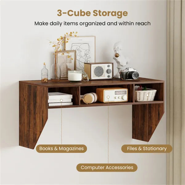 Rustic Brown Wall Mounted Floating Computer Desk 3 Cube Storage