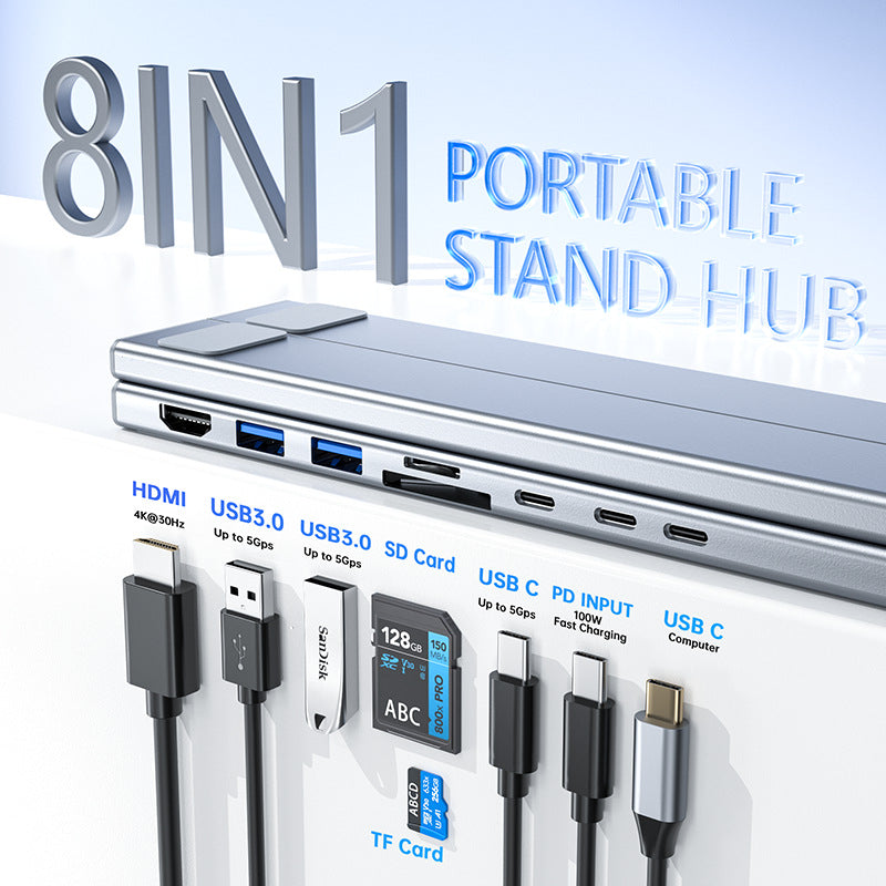 8 In 1 Aluminum Alloy USB C Hub HDMI Docking Station Laptop Stand
