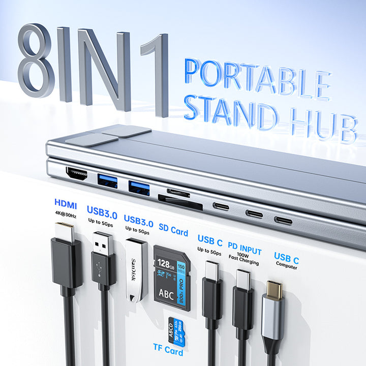 8 In 1 Aluminum Alloy USB C Hub HDMI Docking Station Laptop Stand