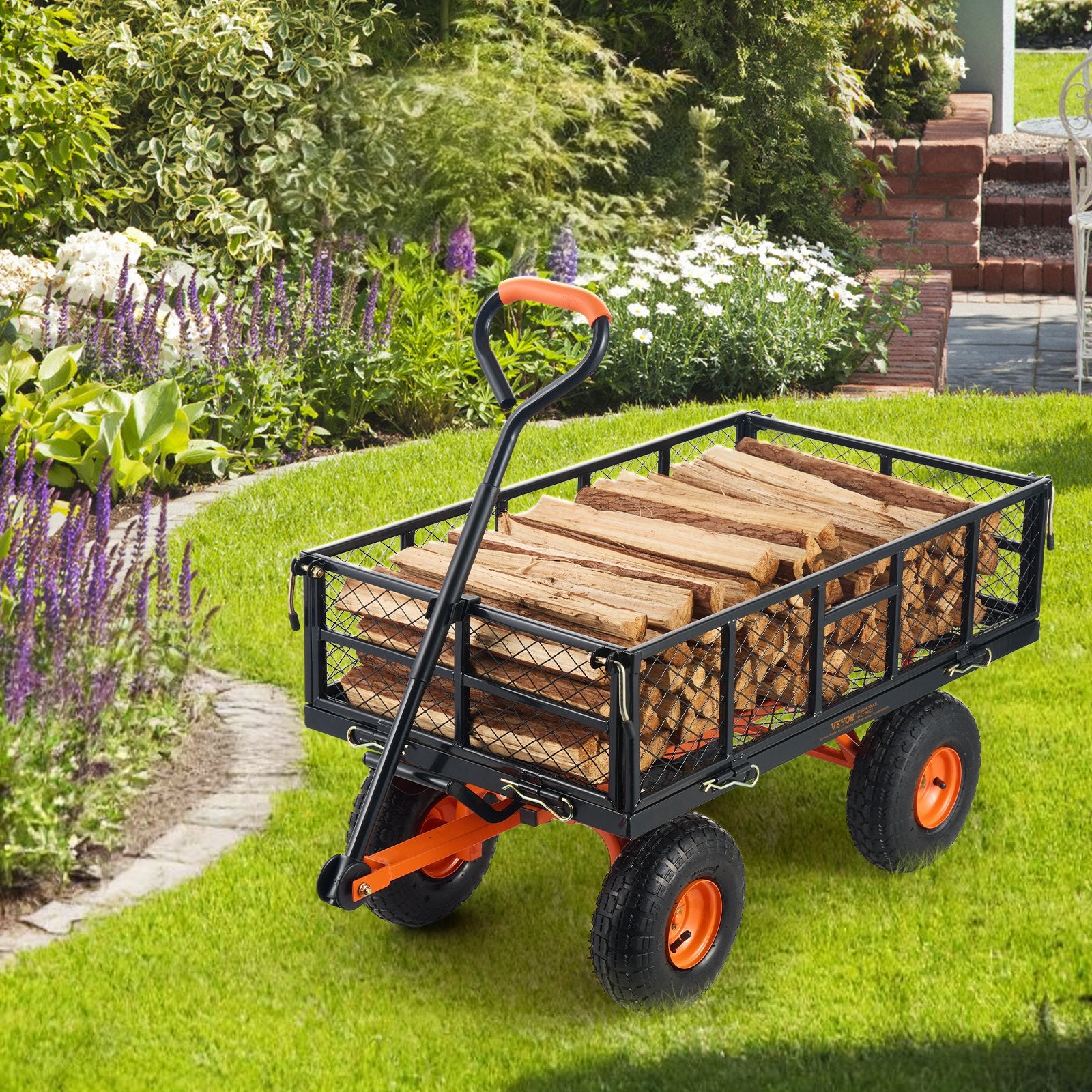 VEVOR Dump Cart Metal Garden Wagon 400 Lbs Capacity 2-In-1 Handle 10-Inch Tires