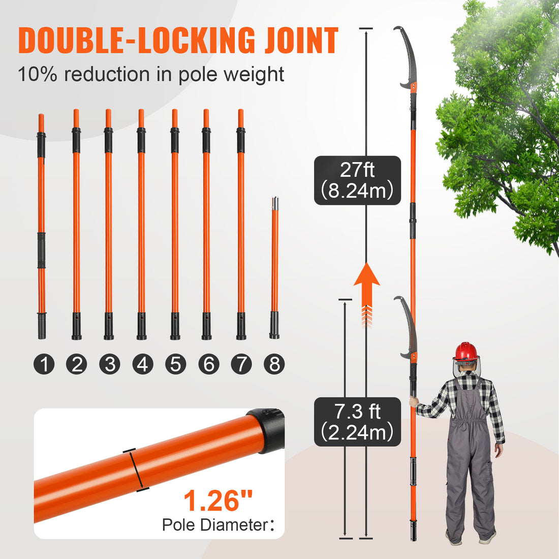 VEVOR 27FT Extendable Pole Saw Tree Pruner Fiberglass Handle Steel Blade