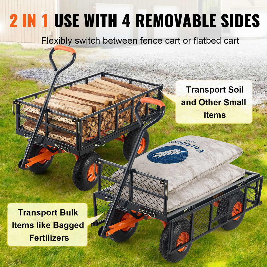 VEVOR Dump Cart Metal Garden Wagon 400 Lbs Capacity 2-In-1 Handle 10-Inch Tires