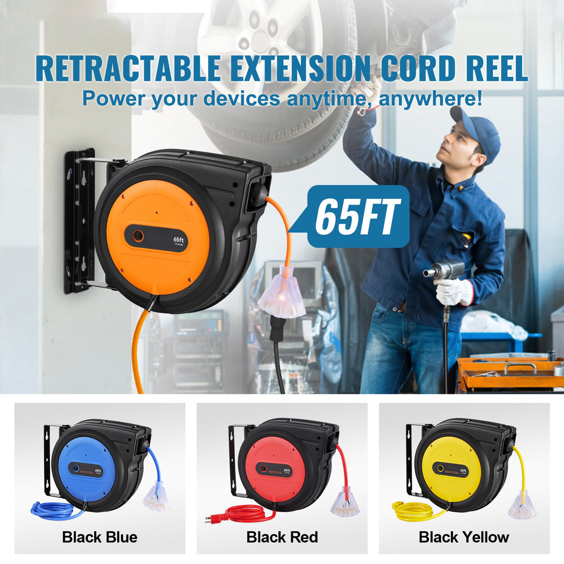 VEVOR 65FT Retractable Extension Cord Reel 12AWG SJTOW Power Cord Reel