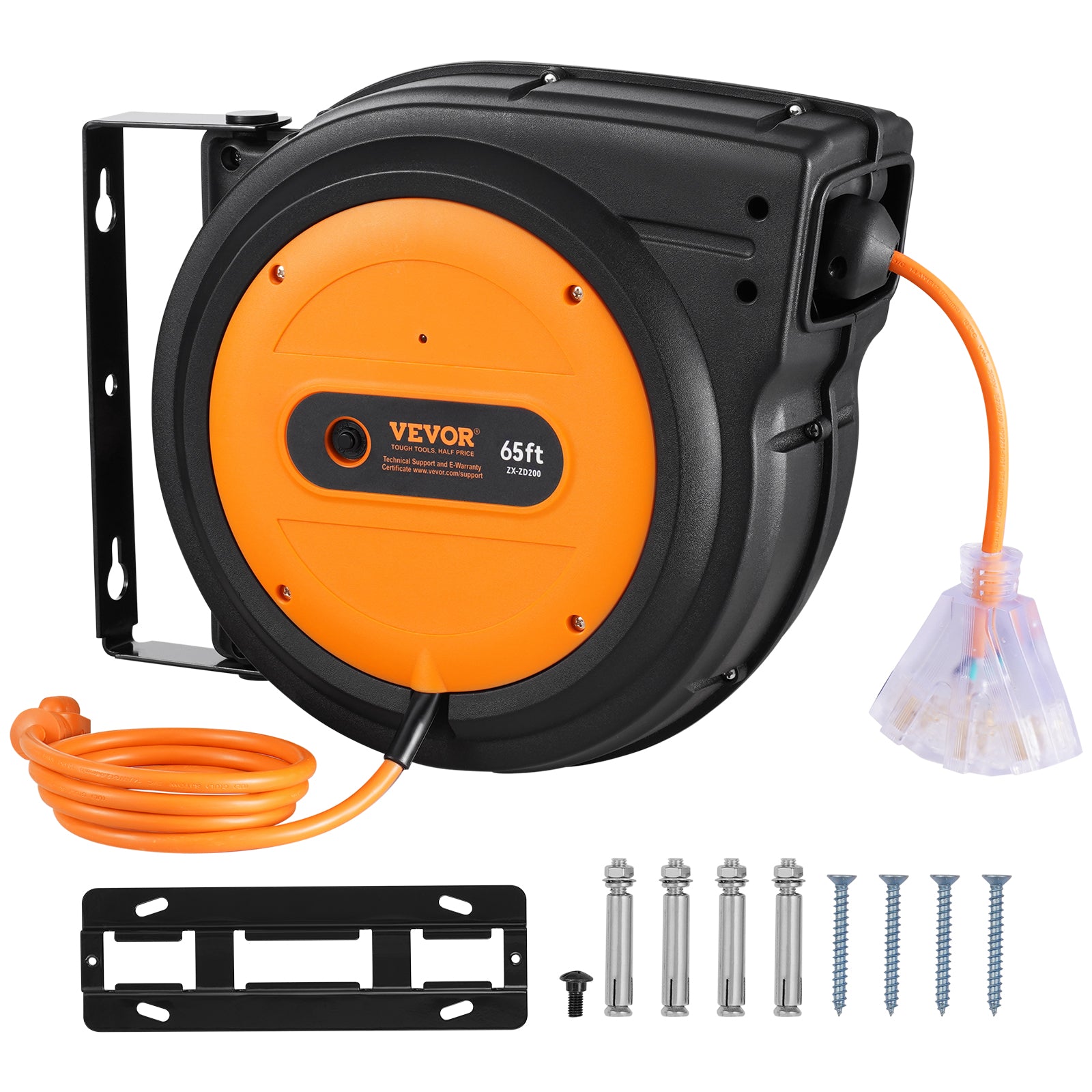 VEVOR 65FT Retractable Extension Cord Reel 12AWG SJTOW Power Cord Reel
