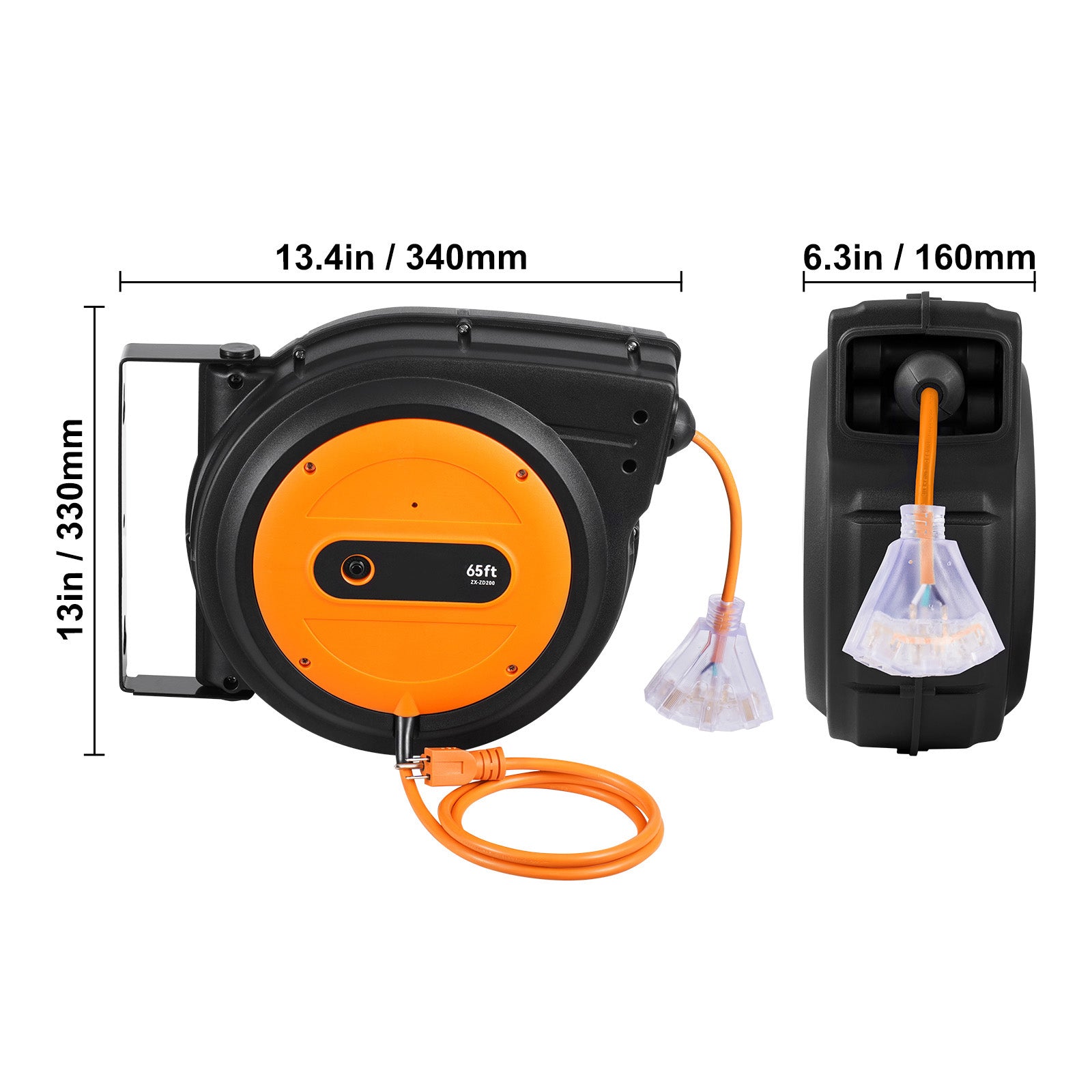 VEVOR 65FT Retractable Extension Cord Reel 12AWG SJTOW Power Cord Reel