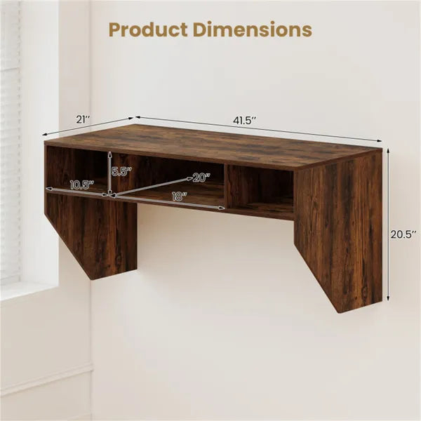 Rustic Brown Wall Mounted Floating Computer Desk 3 Cube Storage