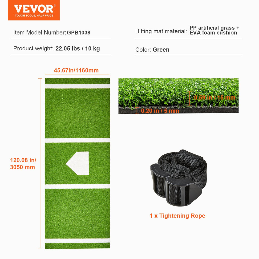 VEVOR Baseball Softball Batting Mat Indoor Outdoor Anti-Slip Training Mat Portable