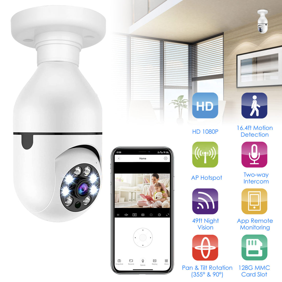 E27 WiFi Bulb Camera 1080P Pan Tilt Security Camera