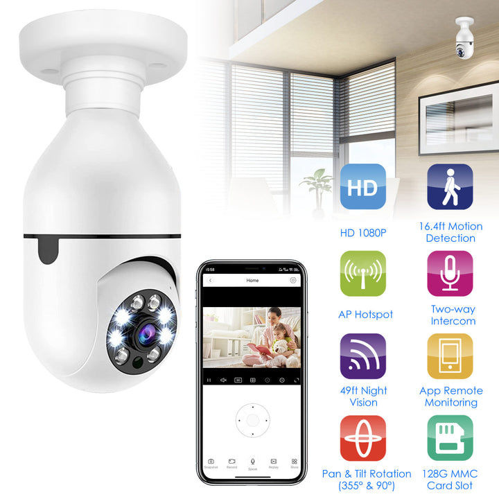 1Pc E27 WiFi Bulb Camera 1080P FHD WiFi IP Pan Tilt Security Surveillance Camera With Two-Way Audio Night Vision Motion Detection Function APP Control