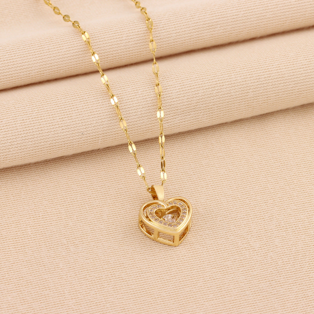 Double Layer Heart Rhinestone Titanium Steel Necklace Fashion Jewelry