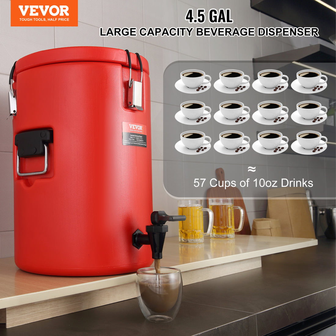 VEVOR 4.5 Gallon Stainless Steel Insulated Beverage Dispenser Hot Cold Server