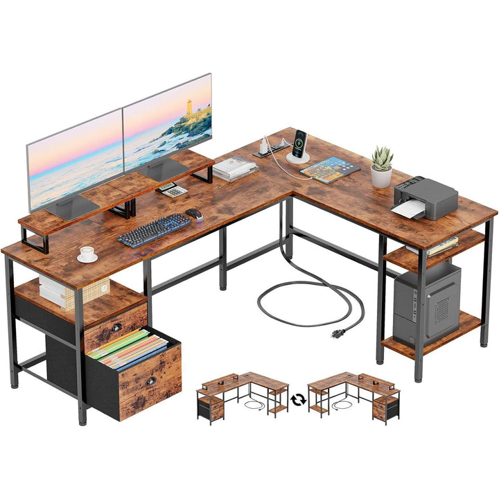 L Shaped Office Desk Power Socket Reversible Gaming Table Fabric Drawer Monitor Stands