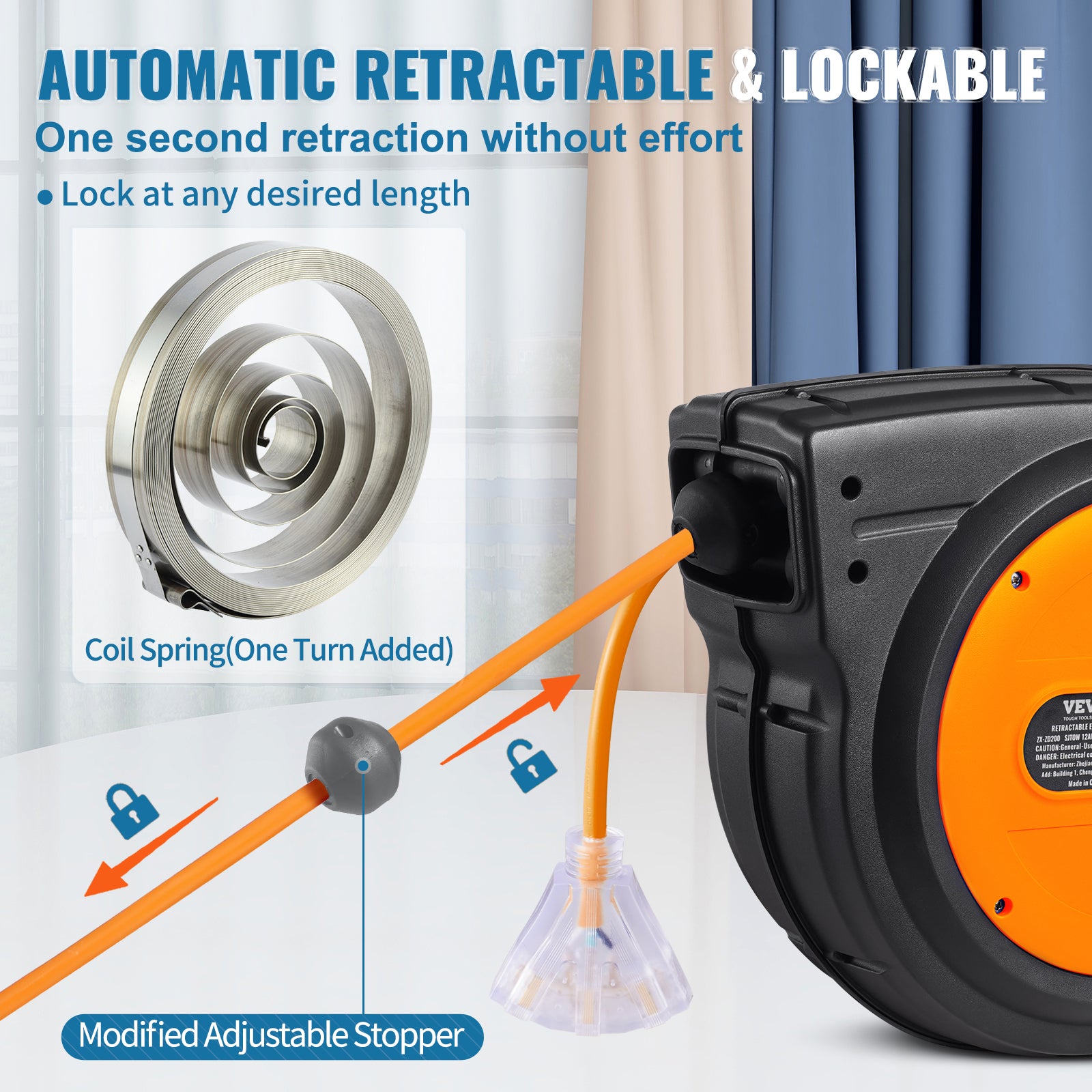 VEVOR 65FT Retractable Extension Cord Reel 12AWG SJTOW Power Cord Reel