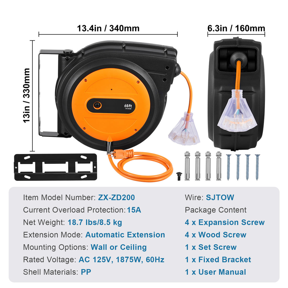 VEVOR 65FT Retractable Extension Cord Reel 12AWG SJTOW Power Cord Reel