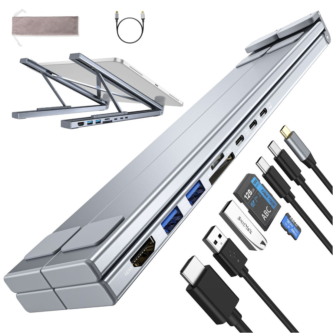 8 In 1 Aluminum Alloy USB C Hub HDMI Docking Station Laptop Stand
