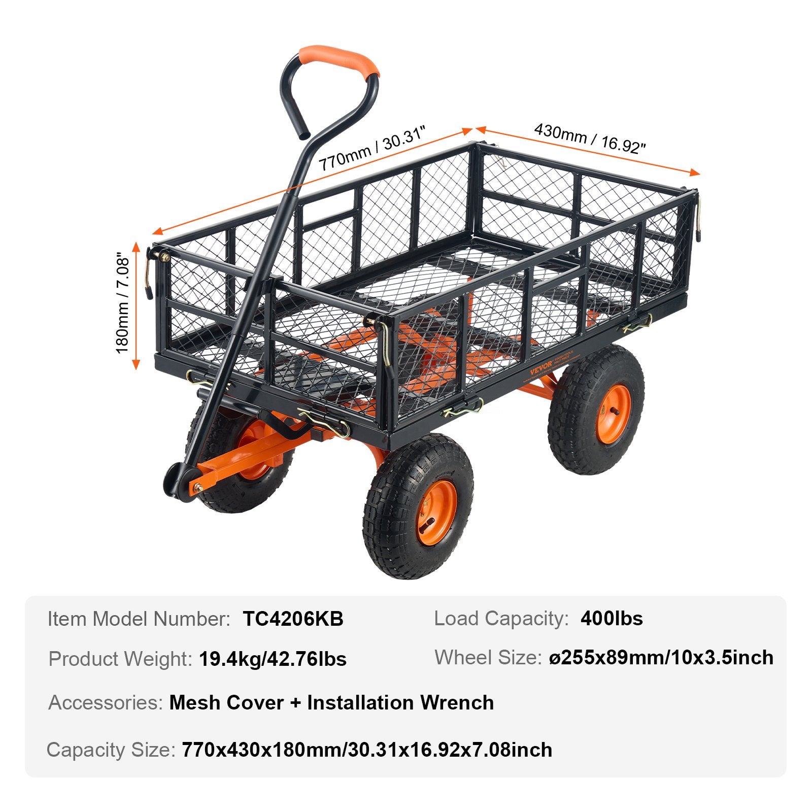 VEVOR Dump Cart Metal Garden Wagon 400 Lbs Capacity 2-In-1 Handle 10-Inch Tires