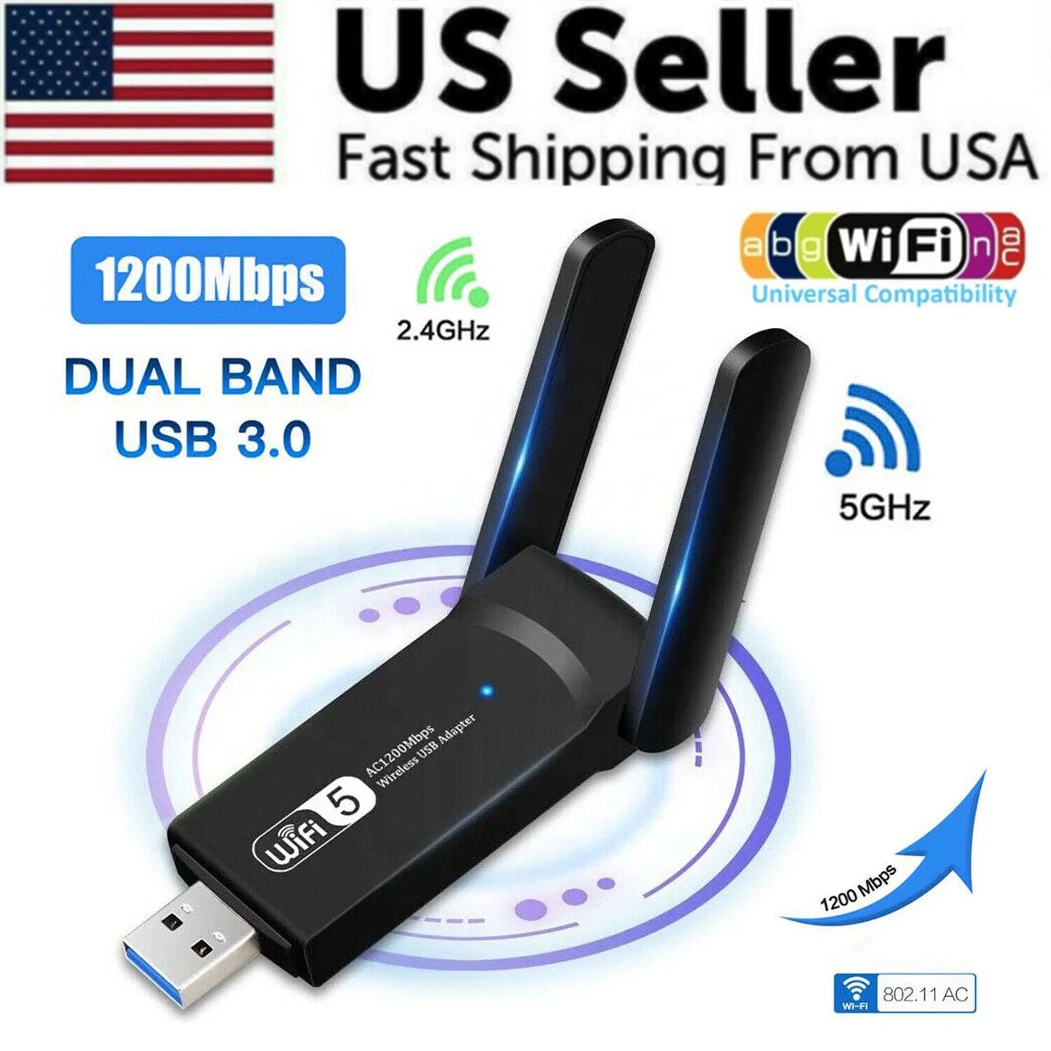 AC1200 Dual Band 1200Mbps USB 3.0 WiFi Adapter Long Range Antennas