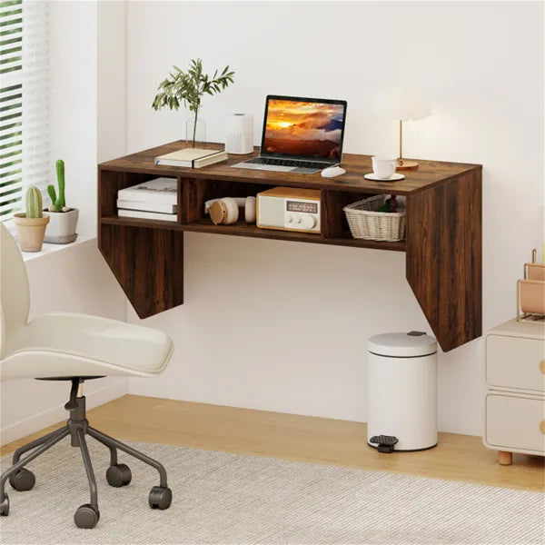 Rustic Brown Wall Mounted Floating Computer Desk 3 Cube Storage