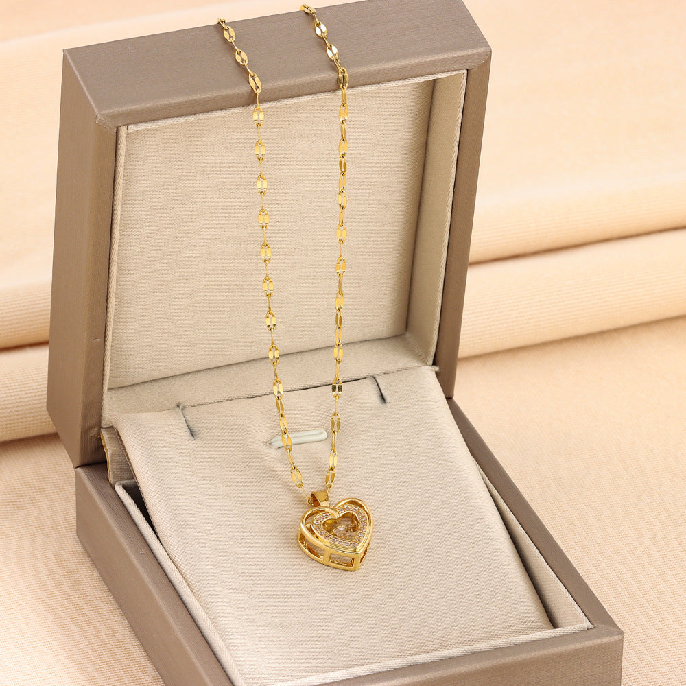 Double Layer Heart Rhinestone Titanium Steel Necklace Fashion Jewelry