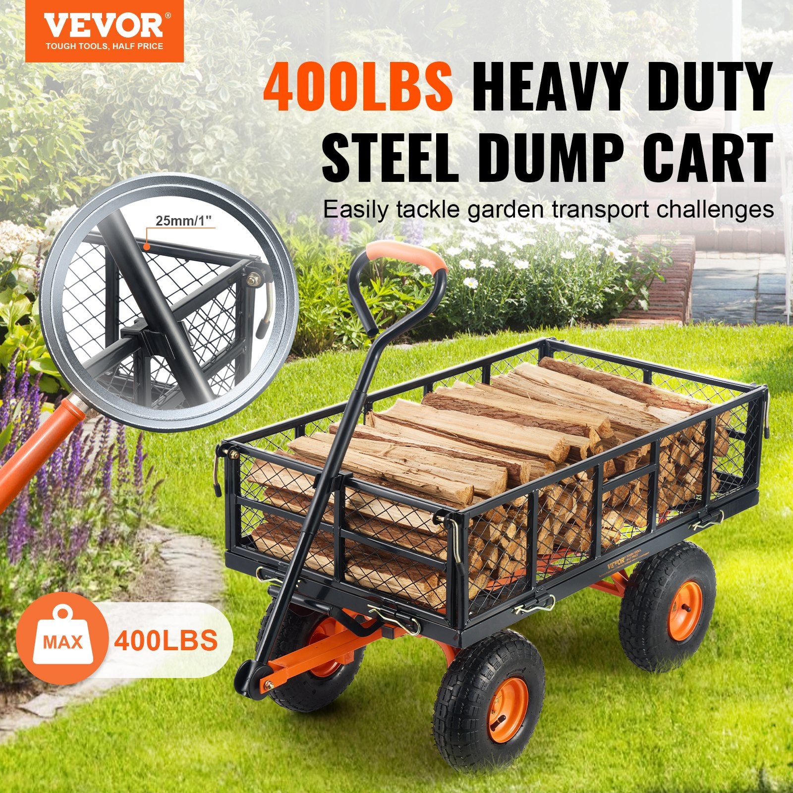 VEVOR Dump Cart Metal Garden Wagon 400 Lbs Capacity 2-In-1 Handle 10-Inch Tires