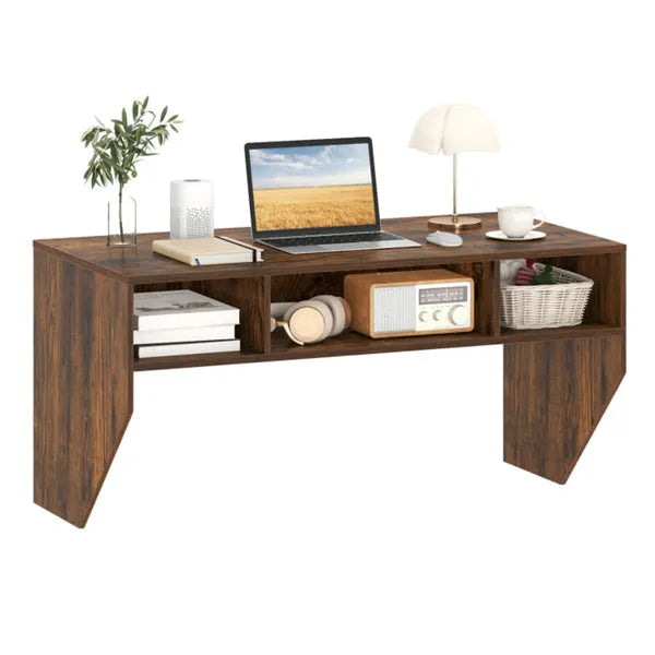 Rustic Brown Wall Mounted Floating Computer Desk 3 Cube Storage