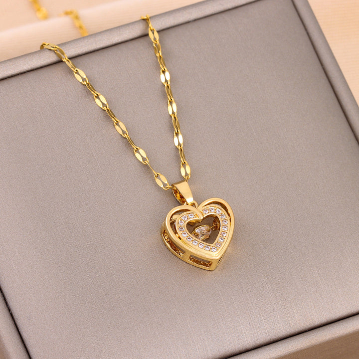 Double Layer Heart Rhinestone Titanium Steel Necklace Fashion Jewelry