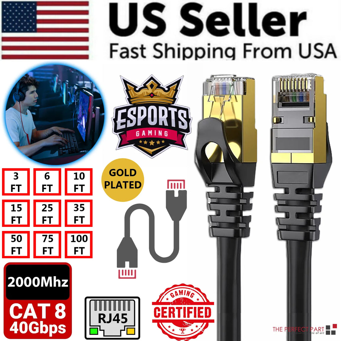 Cat 8 Ethernet Cable 40Gbps RJ45 Gold Plated LAN Network Cable