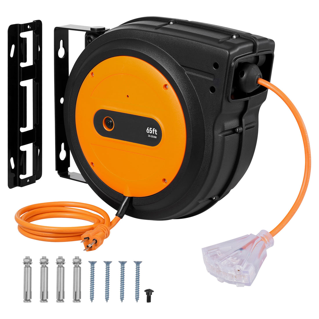 VEVOR 65FT Retractable Extension Cord Reel 12AWG SJTOW Power Cord Reel