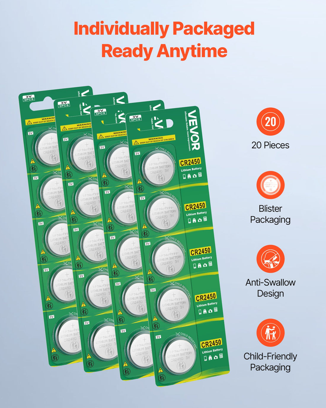 CR2450 Lithium Coin Battery 3V 20-Pack Long Lasting Non-Mercury Cell Batteries