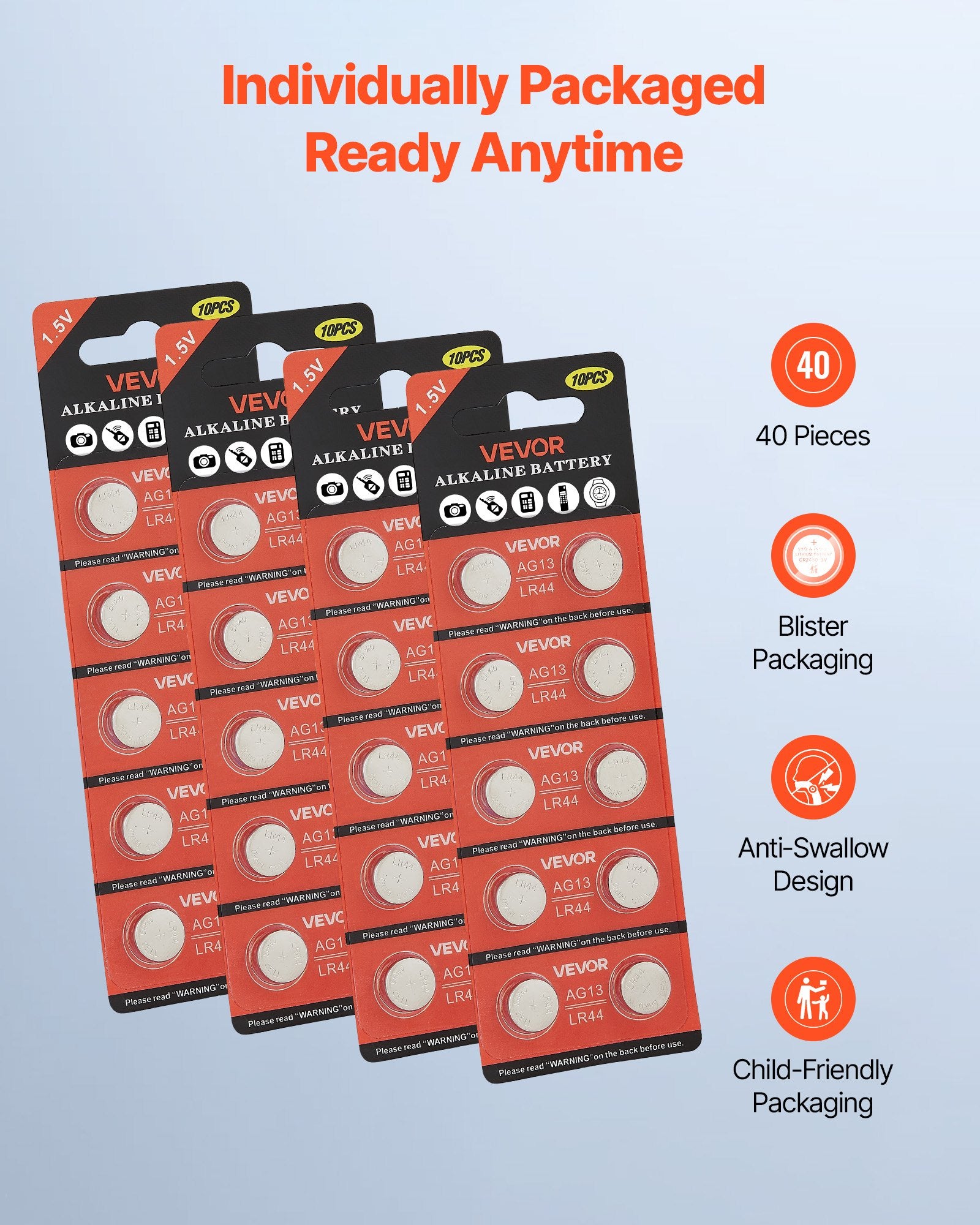 LR44 AG13 357 303 SR44 Button Cell Batteries 1.5V 40-Pack Non-Mercury