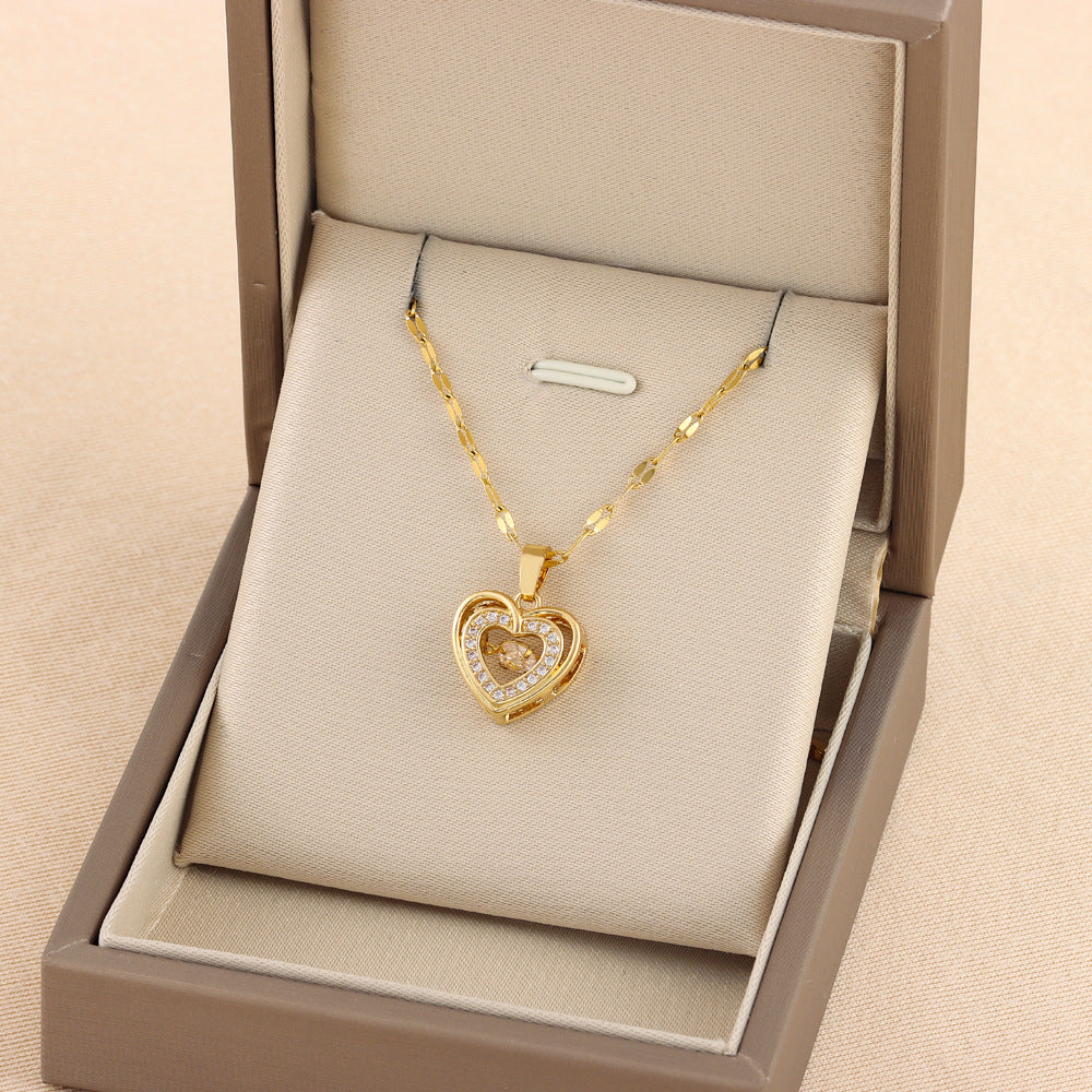 Double Layer Heart Rhinestone Titanium Steel Necklace Fashion Jewelry
